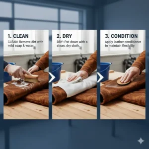 Steps illustrating the proper way to clean and condition a leather weld jacket to maintain its protective qualities.