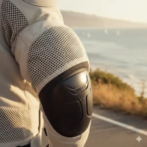 Detail of the CE-certified elbow armor seamlessly integrated into a lightweight moto jacket summer for crucial impact protection.
