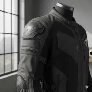 Detail of the flexible, CE Level 2 rated motorcycle armor in the shoulder of the jacket.