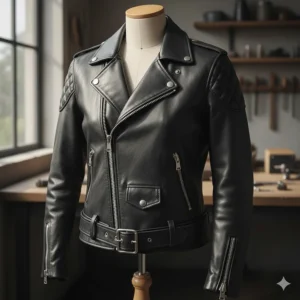 Close-up of a women's classic black leather motorcycle jacket with silver hardware.
