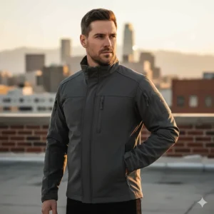 Stylish tactical concealed carry jacket for men, showing the subtle design and ready access pocket.
