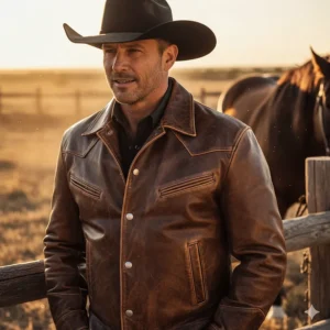 A modern cowboy wearing a rugged, distressed leather western jacket on a ranch.