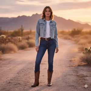 Model wearing a cropped western jacket paired with high-waisted jeans and boots.