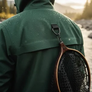 Detail of the D-ring attachment point on the back of the waterproof wading jacket for securing a fishing net or other tools.