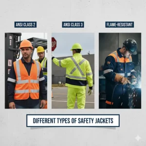 Infographic showing different types of safety jackets including ANSI Class 2 and Class 3 vests for various work environments.