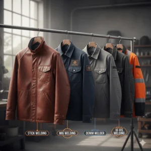 An array of weld jackets on hangers, showcasing different styles for specific welding processes (MIG, TIG, Stick).