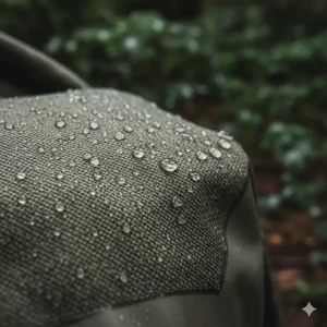 Close-up of the durable, high-tech waterproof material used in the hunting jacket.
