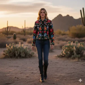 Detailed view of a beautiful floral embroidered western jacket on a woman.