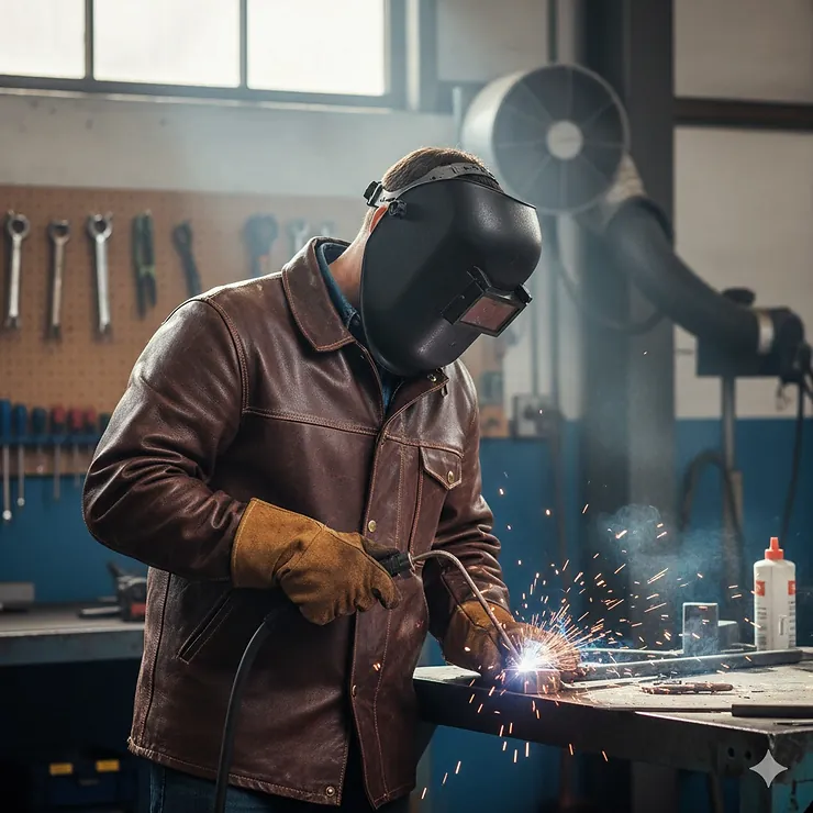 Weld jacket being worn by a welder in a fabrication shop, highlighting its safety features and comfortable fit.
