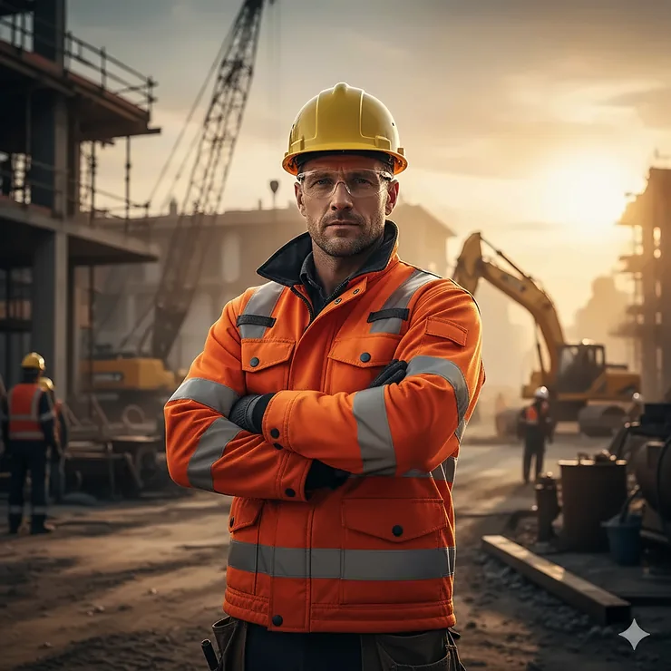 Worker wearing a high-visibility, flame-retardant jacket on a construction site, ensuring maximum personal safety against industrial hazards. fire resistant clothing jackets