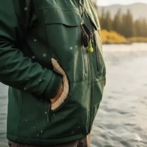 View of the essential fleece-lined handwarmer pockets located on the lower part of the waterproof wading jacket for cold days.