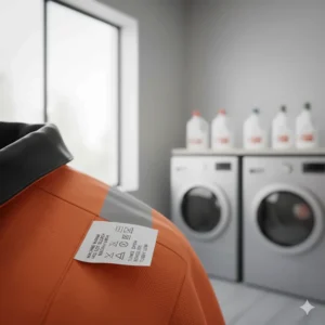 Care instructions for washing and maintaining a fire-resistant jacket, emphasizing the use of appropriate detergents to preserve flame-retardant properties.