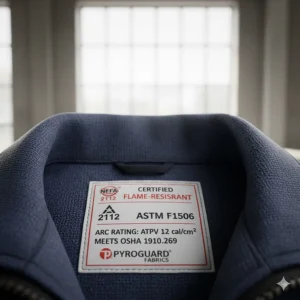 Official certification label on the neck of a fire-resistant clothing jacket, showing compliance with NFPA and ASTM safety standards.