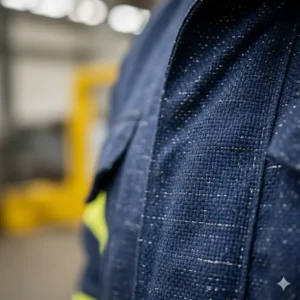 Close-up of the fire-resistant material used in a durable protective clothing jacket, showing its weave and texture.