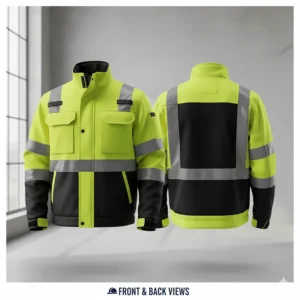 Image showing the front and back design of a professional high-vis safety jacket with pockets and adjustable closures.