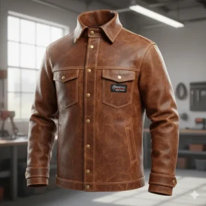 Close-up front view of a heavy-duty leather welding jacket with snaps for quick removal.