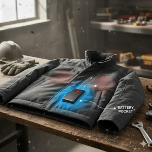 Diagram showing the secure and comfortable battery placement pocket for a heated jacket at the lower back.