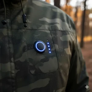 Close-up of the heated jacket control button, showing LED lights for adjustable heat settings.
