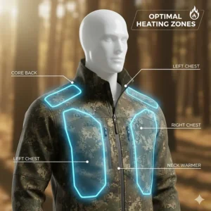 Diagram illustrating the strategic placement of heating zones in heated jackets for hunting, including the back and chest.