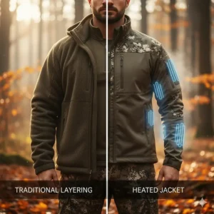 Conceptual graphic comparing the bulk of multiple layers versus a single, efficient heated jacket for cold weather hunting.
