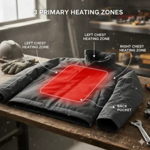 Infographic highlighting the three primary heating zones (chest and back) in the best heated work jackets.