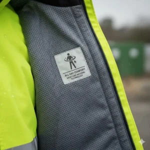 Image showing the lightweight and breathable lining of a premium high vis rain jacket designed for all-day comfort.