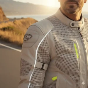 Reflective piping and high-visibility yellow on a durable motorcycle jacket, enhancing safety when riding a motorcycle in the summer.