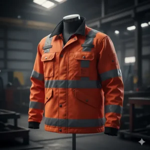 High-visibility orange fire-resistant jacket with reflective strips, essential for low-light conditions and enhanced worker safety.
