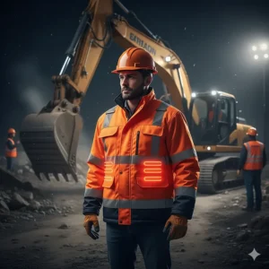 A highly visible orange heated work jacket with reflective strips, ideal for night time or low-light job sites.