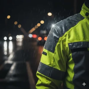 Detail shot of reflective piping and fluorescent paneling on a high-visibility motorbike rain jacket for safe night riding.