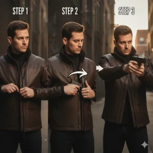 Step-by-step diagram showing the proper technique to quickly draw from a concealed carry jacket.