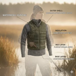 Infographic illustrating the best way to layer clothing beneath a waterfowl hunting jacket for maximum warmth and comfort.