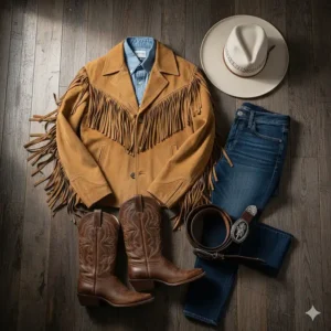 Flat lay showing how to style a classic fringe western jacket with boots and jeans.