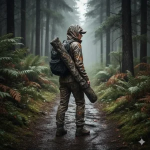 Hunter traversing a dense forest trail, protected by his waterproof hunting jacket.