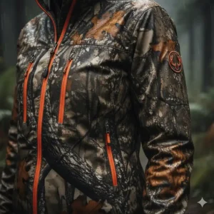 Detail shot of the secure, zipped, and roomy pockets on the waterproof hunting jacket.