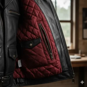 Interior view showing the concealed gun pocket and warm thermal lining inside the men's leather motorcycle jacket.