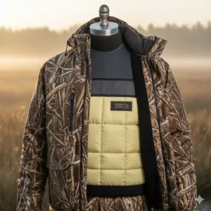 Diagram showing the layered insulation system inside an insulated waterfowl hunting jacket for cold weather.