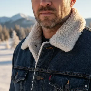 The collar of the western winter jacket folded up to protect the neck from cold wind.