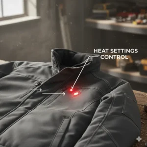 Detail shot of the easy-to-use heat settings control button on the lapel of a heavy-duty heated jacket.