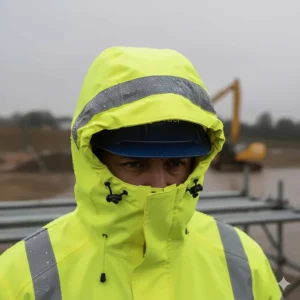 Adjustable hood design on a high visibility rain jacket, offering secure head protection and clear peripheral vision during heavy rain.