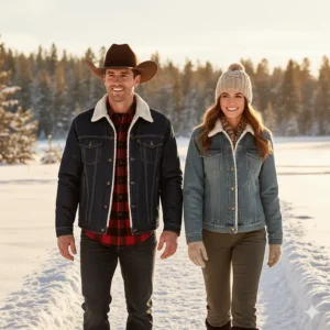 Two models hiking outdoors, both wearing different styles of cozy western winter jackets.