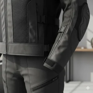 Full-circumference zipper for securely connecting the motorcycle armor jacket to riding pants.