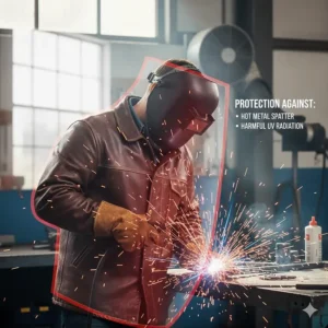 Graphic showing how a weld jacket protects the wearer's arms and torso from hot metal spatter and UV radiation.