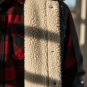 Inside view showing the thick, soft sherpa lining for maximum warmth in a winter jacket.