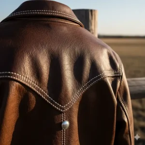 Detail shot of the distinctive pointed shoulder yoke on a traditional western jacket.