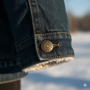 Detail of the functional snap button cuffs on the sleeve of a classic western jacket.