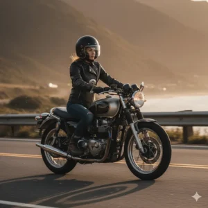 A confident lady wearing a fitted leather motorcycle jacket while riding, demonstrating comfort and style on the road.