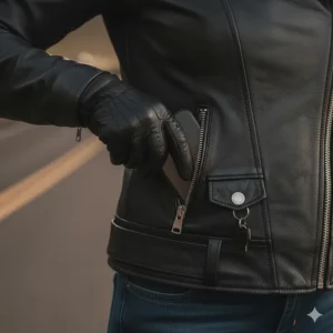 Detailed view of the utility pockets on the ladies leather jacket, showing secure storage options for keys and phone.