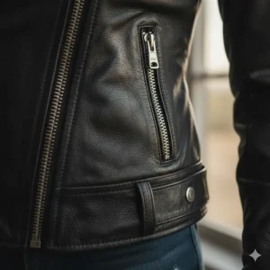 Close-up of a ladies' leather motorcycle jacket showing premium YKK zipper and adjustable cuffs for a perfect fit.
