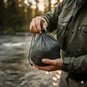 Image showing the lightweight wading jacket folded and packed into its own pocket or small sack for easy transport.